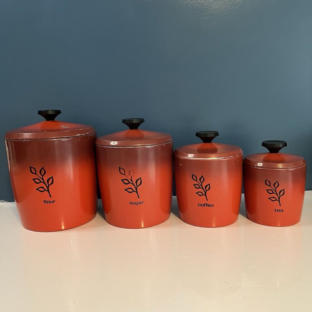 VTG West Bend Nesting Canister Set Of 4 Leaf Motif Aluminum Rust Red 1970's USA